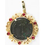 Large Roman Bronze Coin in 14kt Gold, Diamond, & Pink Tourmaline Pendant
